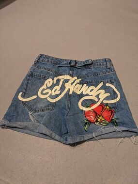 Ed Hardy Women's Denim Shorts with Heart Graphic - Blue